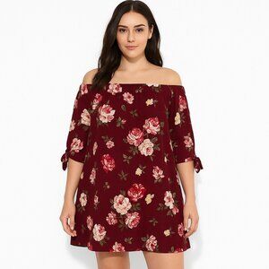 Burgundy Floral Off Shoulder Dress Women’s Size Small Boho Shirt Sleeve Mini